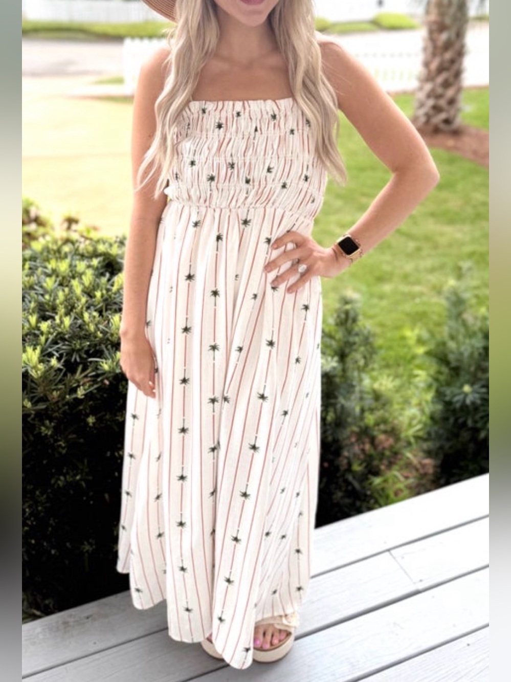 Gilli White Maxi Dress with Red Stripes and Green Palm Print